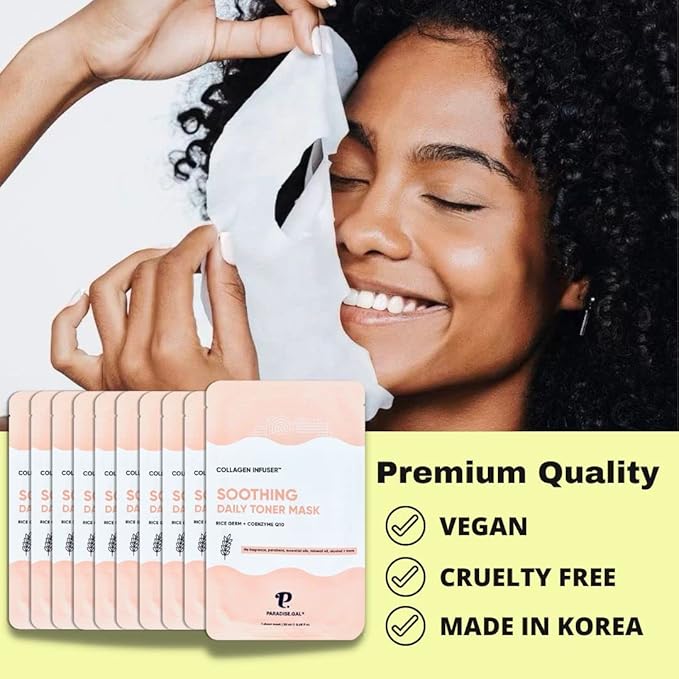Soothing Face Masks (10-Pack) Korean Skincare Infused with Collagen, Rice, Coenzyme Q10, Niacinamide & Ceramide - Calming Solution for Sensitive Skin
