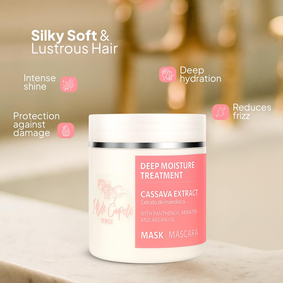 I Belli Capelli Venice Cassava Extract & Argan Oil Hair Mask - Anti-Frizz Keratin Hair Treatment for Dry Damaged Hair - Anti Breakage Hair Products for Women, Moisturizing, Repairing - 2x 17.6oz