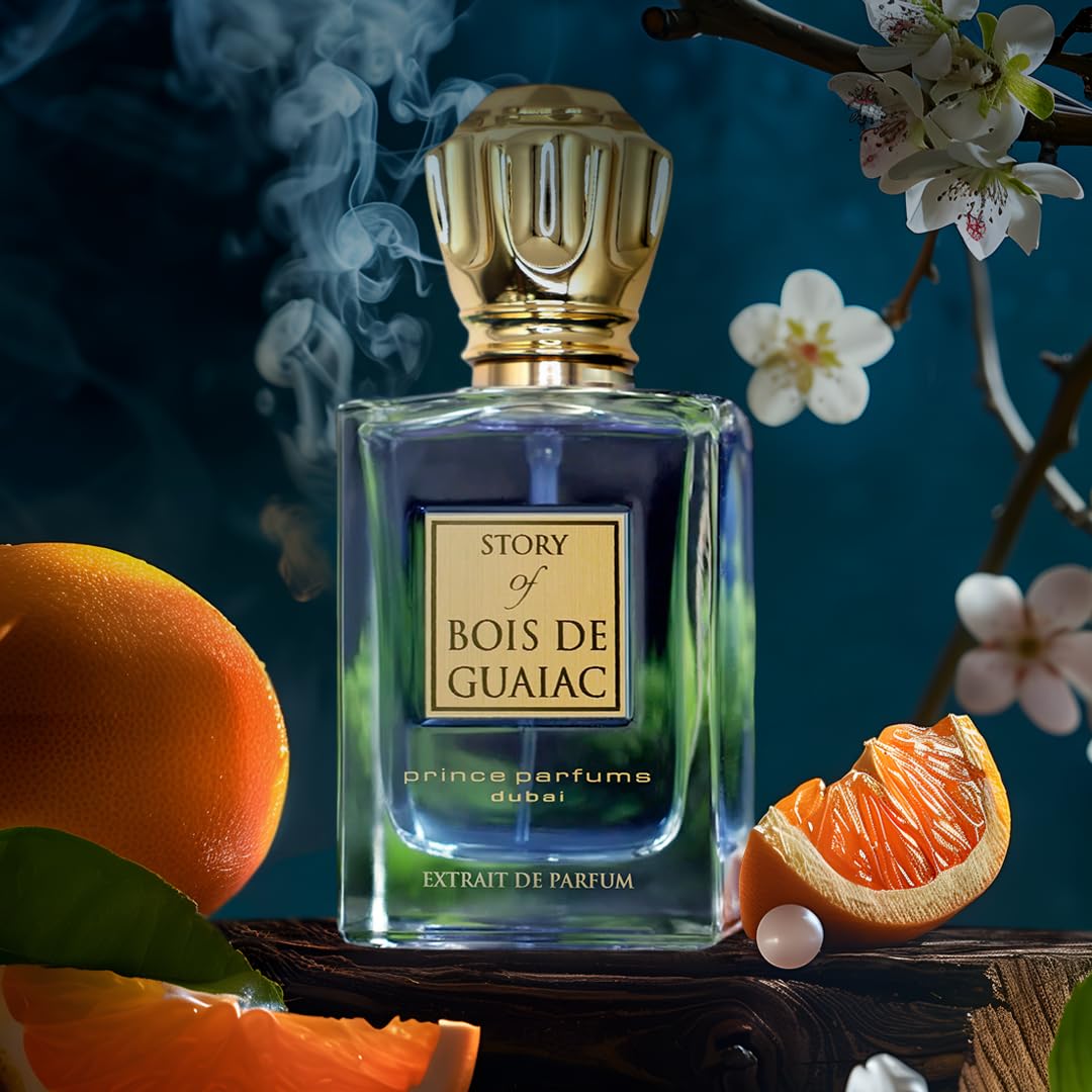 Prince Parfums Dubai - Story of Bois De Guaiac For Men - 3.4 Ounces - Extrait de Parfum - Exquisite Luxury Fragrance Exotic Woods, Amber, Citrus Notes - Refined Sophisticated Scent