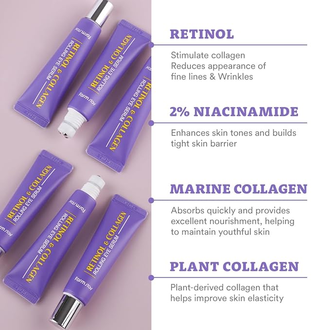 Farmstay Retinol Roll-on Eye Serum with 2% Niacinamide & Collagen – Hydrating Korean Eye Roller for Dark Circles, Puffy Eyes & Wrinkles – 0.84 fl. oz.