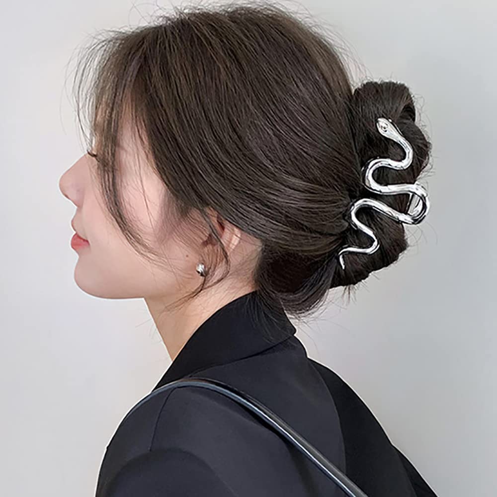 AIUPUOC Large Metal Silver Snake Accessories: Elegant Thick Hair Clips, Barrettes, Banana Hairpins for Women & Girls - 2Pcs