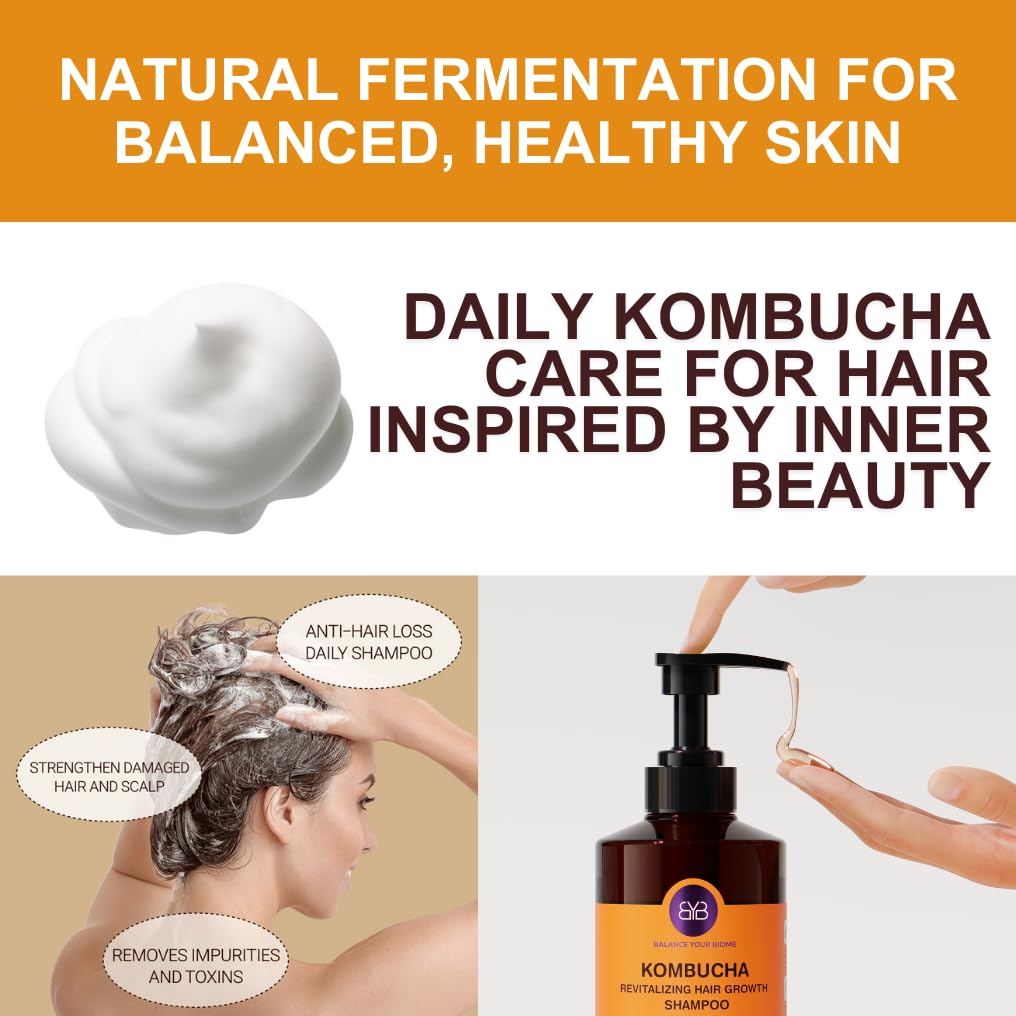 BALANCE YOUR BIOME Kombucha Revitalizing Hair Growth Shampoo,K-Beauty,Scalp pH Balance, for Hair Loss, Fermented Kombucha Extract, Rice, Green Tea, 9 types of Vitamins,16.9 fl.oz.500ml,No Silicone