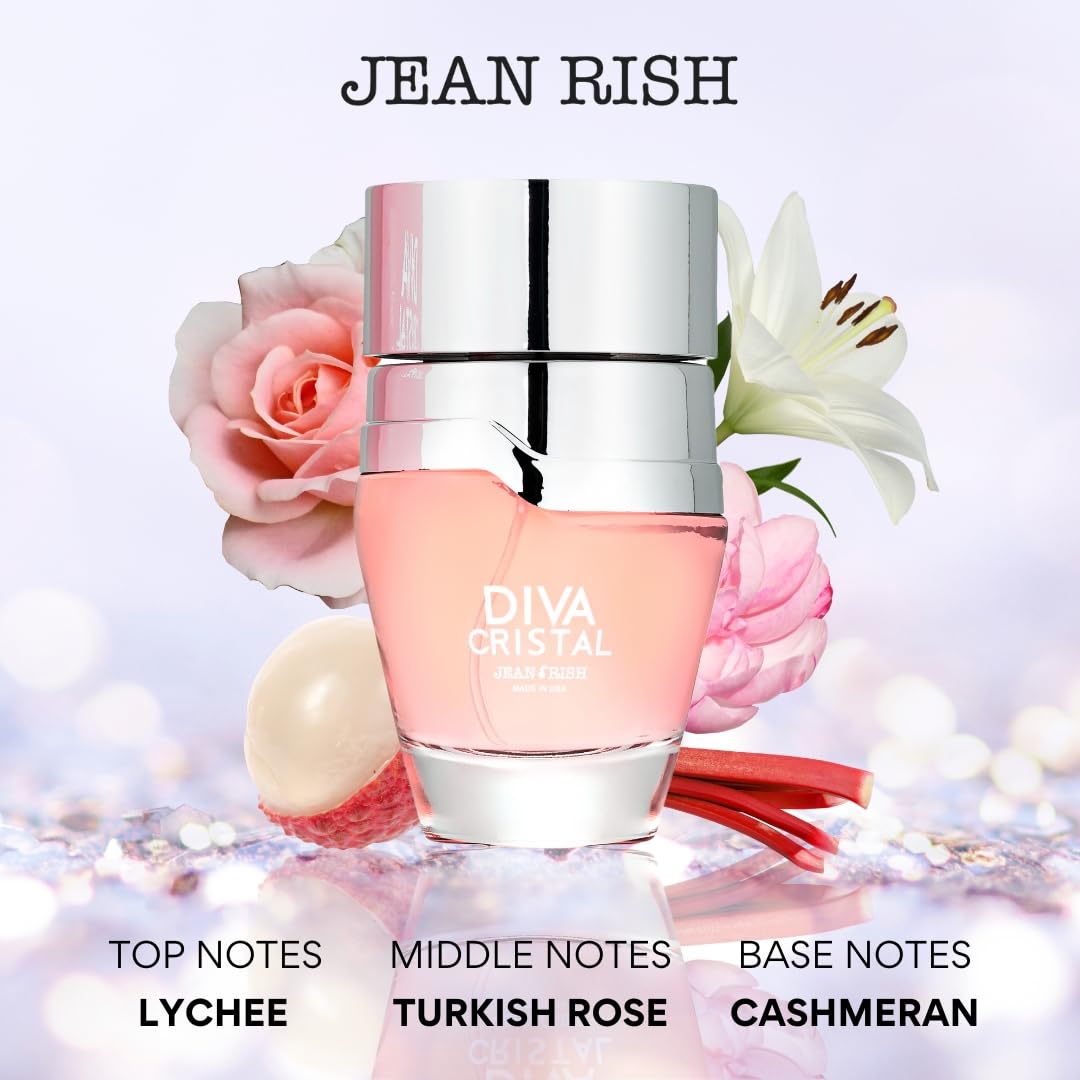Jean Rish Diva Cristal Perfume for Women, Eau De Parfum (3.4 Fl Oz / 100ml) with Lychee, Turkish Rose, Cashmeran Notes - Long Lasting and Luxury Fragrance, Made in USA