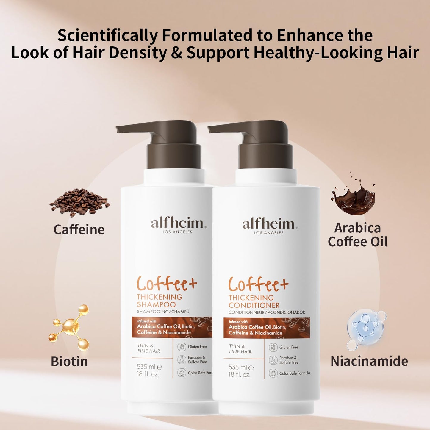 ALFHEIM Coffee+ Thickening Shampoo & Conditioner Set for Fine & Thinning Hair with Caffeine, Biotin & Arabica Coffee Oil – Strengthening, Moisturizing & Volumizing Duo – Sulfate-Free – 18 oz × 2