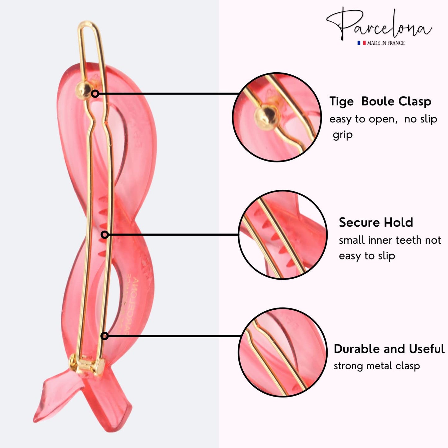 Parcelona French Infinity Ribbon Small 2 1/4" Celluloid French Hair Slides Clips for Women Tige Boule Clasp Girls Side Slide-in Barrette Clip Paris Hair Accessories for Women Strong Hold No Slip Grip Fashion Durable Styling, Made in France (Crystal Pink)