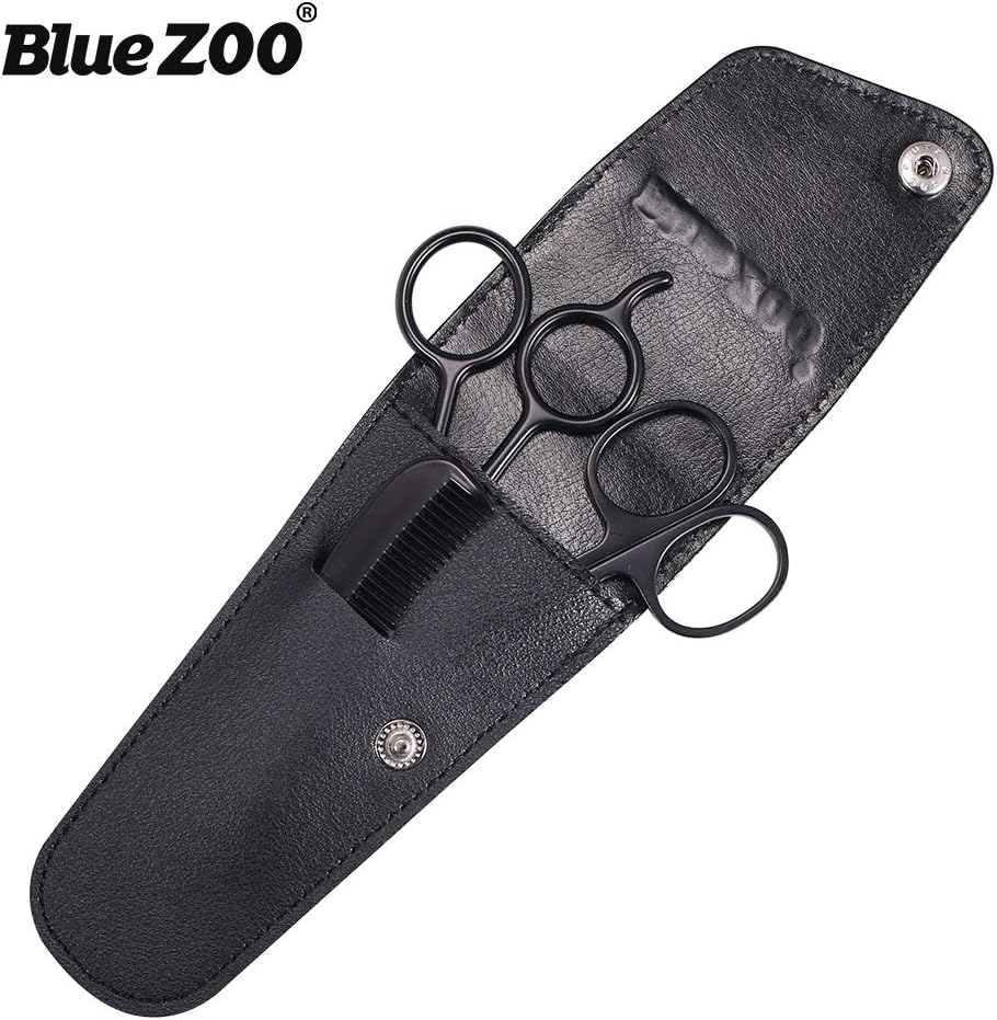 BlueZOO Beard Mustache Scissors and Comb Kit with PU Storage Bag, Rounded Safety Nose Hair Scissor for Men and Women Care Grooming, Ear Trimming Tool, Shears for Personal Grooming, Cutting & Styling
