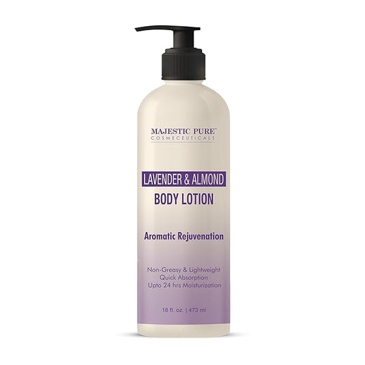 Majestic Pure Lavender & Almond Body Lotion with Aloe Leaf Extracts | Nourishing & Moisturizing | Quick Absorbing, Lightweight & Non Greasy | For All Skin Types | For Women & Men | 16fl oz