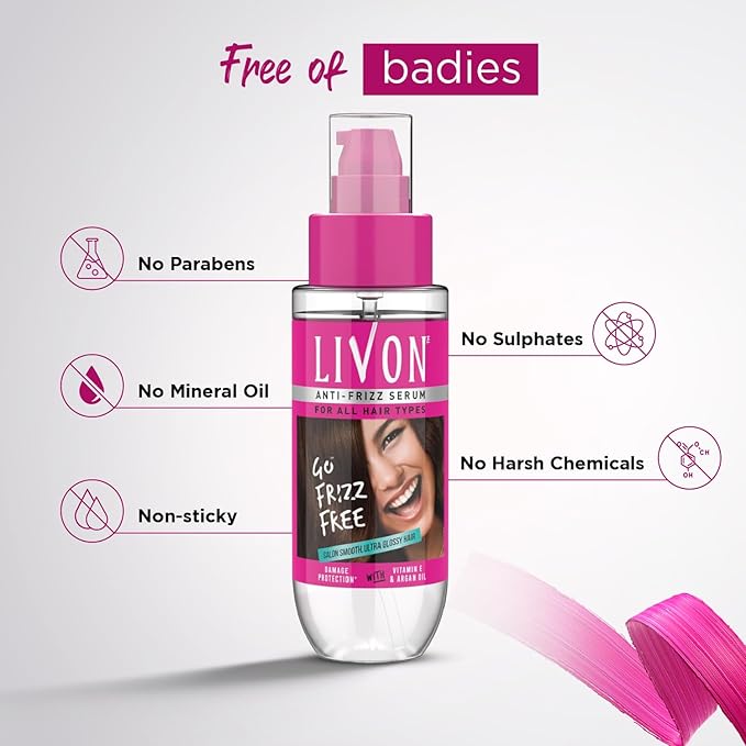 Livon Hair Serum for Men & Women | Frizz-free, stronger and shinier hair | Sulphate & Paraben free| For All Hair Types | Enriched with Argan Oil & Vitamin E | 3.3 Fl.Oz | Pack of 2