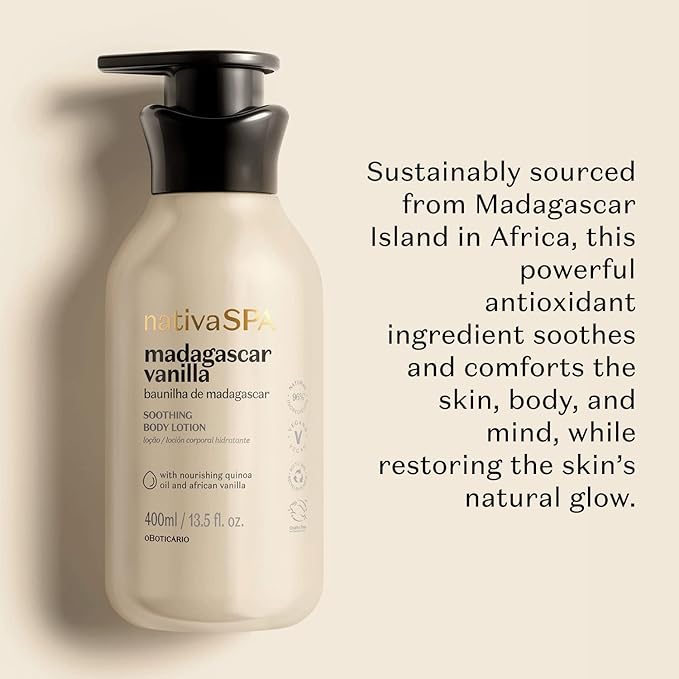 Nativa SPA by O Boticário, Madagascar Vanilla Moisturizing Body Lotion, Fragranced Skin Moisturizer with Purified Quinoa Drops, 13.5 Ounce