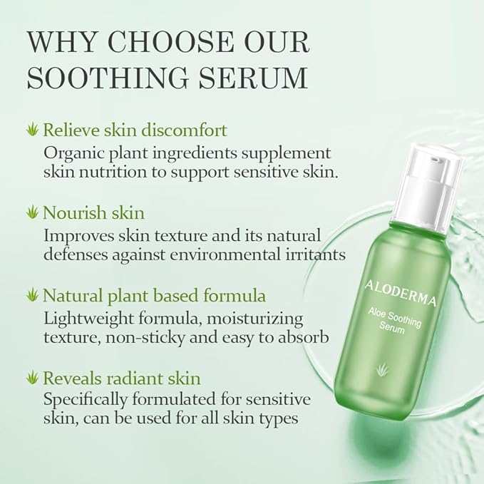 Aloderma Soothing Face Serum with 65% Organic Aloe Vera - Freshly Harvested Aloe for Sensitive Skin with Beta-Glucan & Arginine - Calming, Nourishing & Revitalizing Facial Serum for Clean Skin, 1.7oz