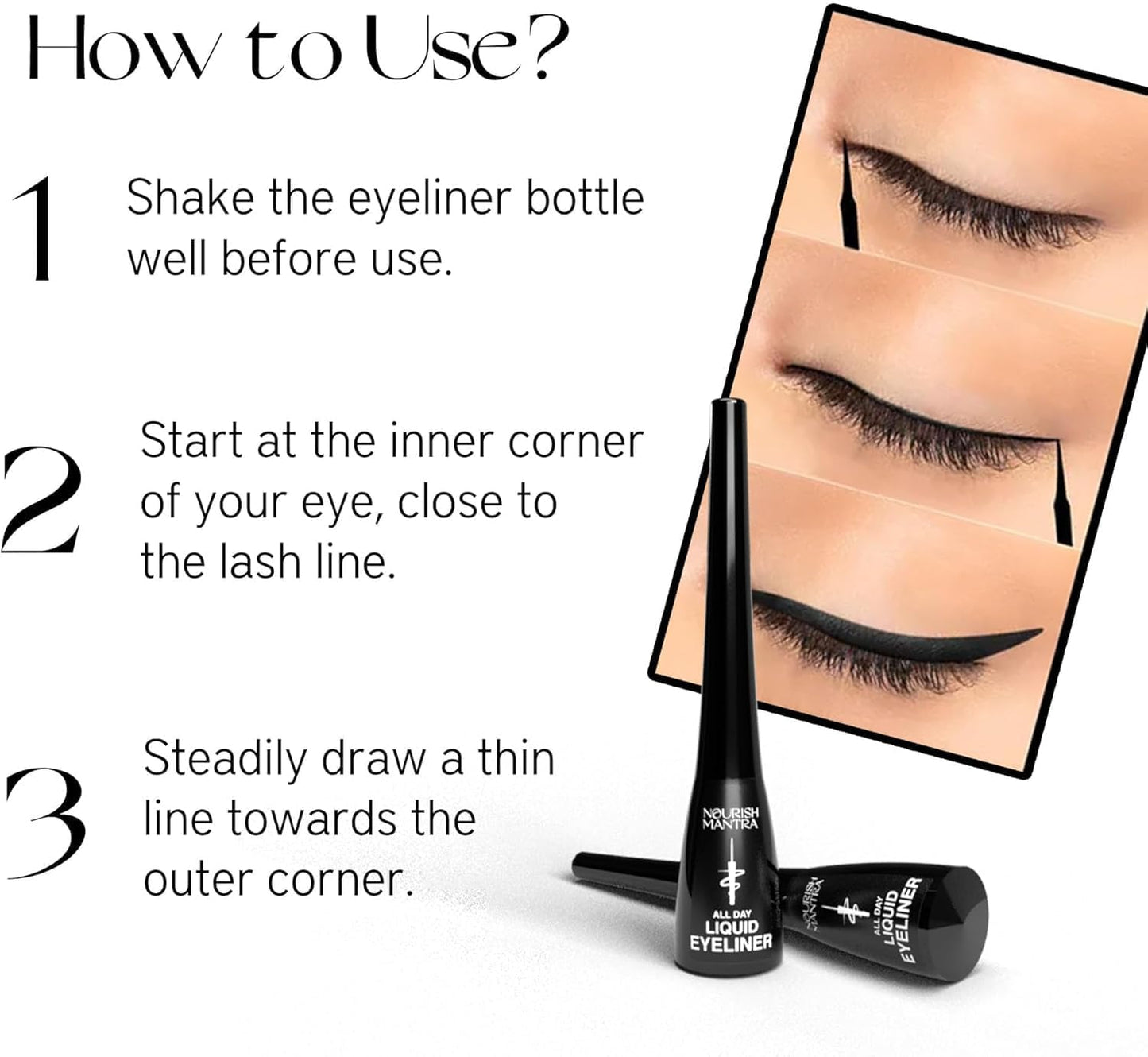 Nourish Mantra's All-Day Liquid Eyeliner 3ml | Formulated with Argan Oil, Vitamin E & Glycerine | Intense Pigmentation | Smudge Proof | Waterproof | Long Lasting | Matte Finish | Black Color