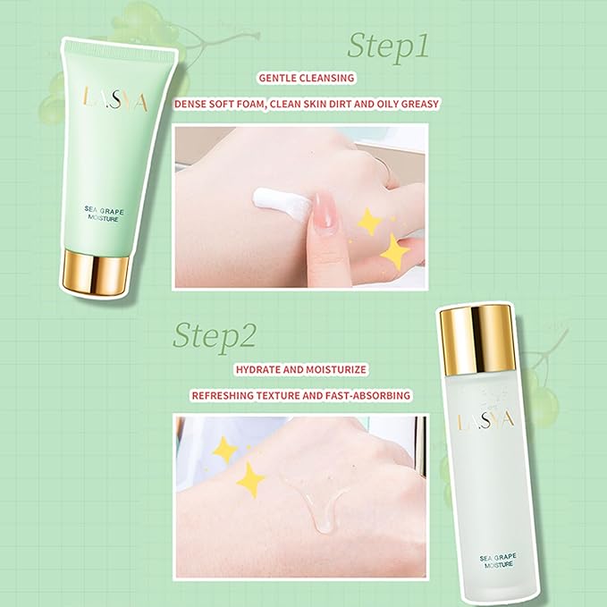 Sea Grape Skincare Set, 6-In-1 Skincare Gift Set With Facial Cleanser, Toner, Serum, Eye Cream, Lotion & Cream, Moisturizing Skin Care Kit For Women