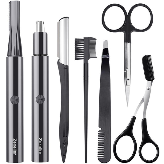 9-in-1 Precision Trimmer Kit: Eyebrow Trimmer,Electric Eyebrow Razor, Nose Trimmer, Grooming Scissors, Tweezers & Brush | All-in-One Grooming Tool