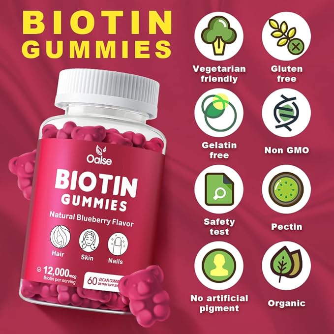 Biotin Gummies, Biotin Supplement with Chlorophyll, Black Seed Oil, Multivitamins and Zinc Support Hair Skin and Nails Health for Women and Men [60 Count (Pack of 1)]