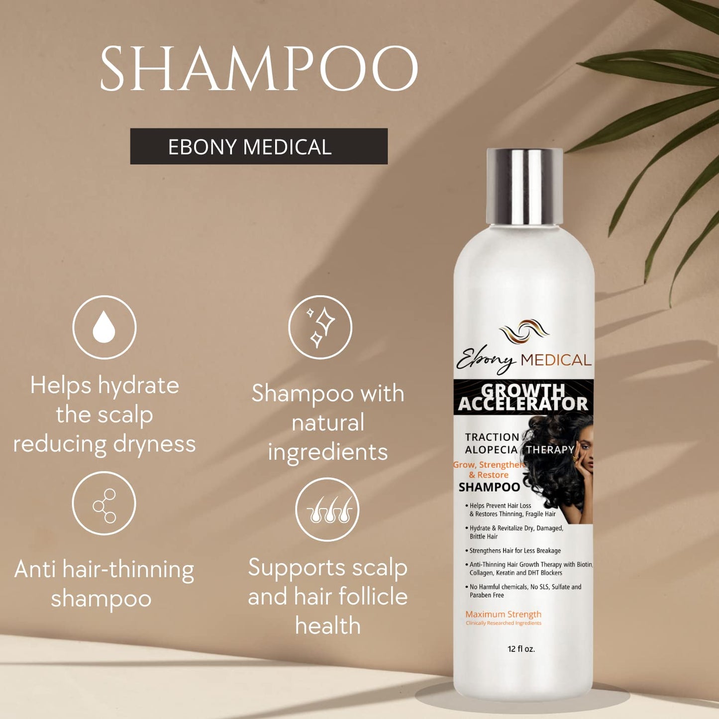 Ebony Medical Alopecia Areata Treatment Shampoo – Hair Loss & Thinning Hair Support – Stimulates Hair Growth & Scalp Health – Receding Hairline & Bald Spot Solution – 12 fl oz – Natural & Vegan