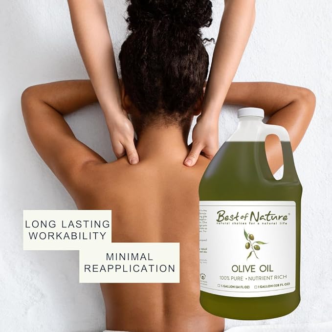 Best of Nature 100% Pure Olive Massage & Body Oil - Cold Pressed, Unscented Moisturizer for Skin & Hair, Bath Oil, Half Gallon (64 fl oz)