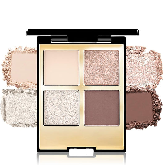 Eyeshadow Quad Makeup Palette – 4 Shades of Nude, Silver, Brown, Champagne Gold Tones, Blendable Matte & Shimmer, Long-Lasting Waterproof, Perfect for Mature & Young Women, with Built-In Mirror 04#