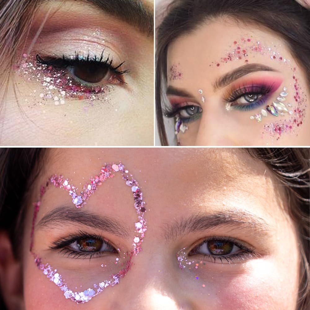 Mysense Pink Body Glitter Gel, Singer Concert Outfits Face Hair Glitter Makeup, Music Festival Rave Accessories, Chunky Glitter Mermaid Sequins, Sparkling Face Paint for Women Girls, 30g