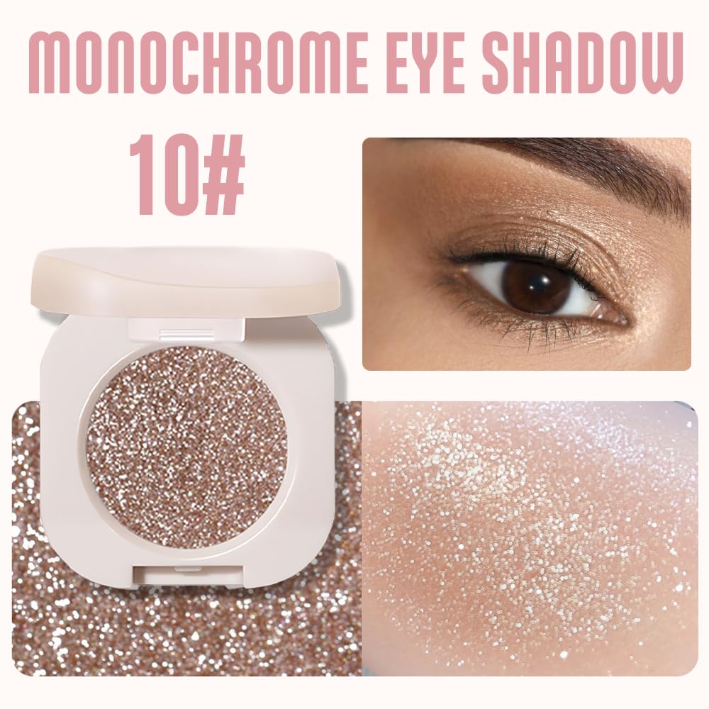 Glitter Shimmer Sparkle Eyeshadow Palette Makeup for Older Women, Glitter Light Brown Shimmer Metallic Holographic Multichrome Cream Iridescent Single Monochrome Eye Shadow Makeup, 10