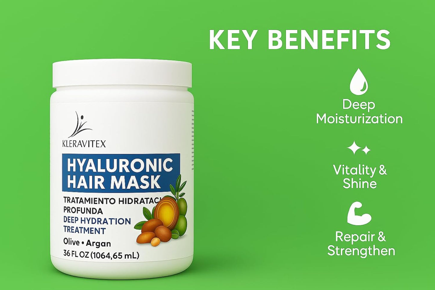 Hyaluronic Hair Mask Formulated With a Rich Blend of Olive Oil and Jojoba Oil to Provide Intense and Lasting Hydration for Dry or Damaged Hair, Restore Vitality and Shine (60 OZ)