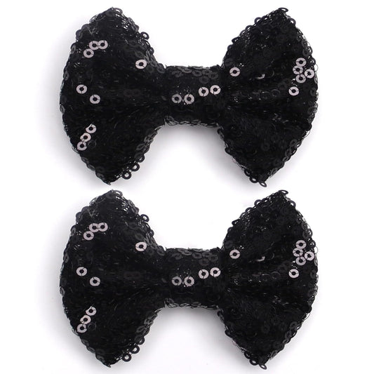 KISZU 3 Inch Glitter Hair Bows Clips, Sparkling Sequin Little Bow HairPins for Baby Girls Children Teens and Women (Black)