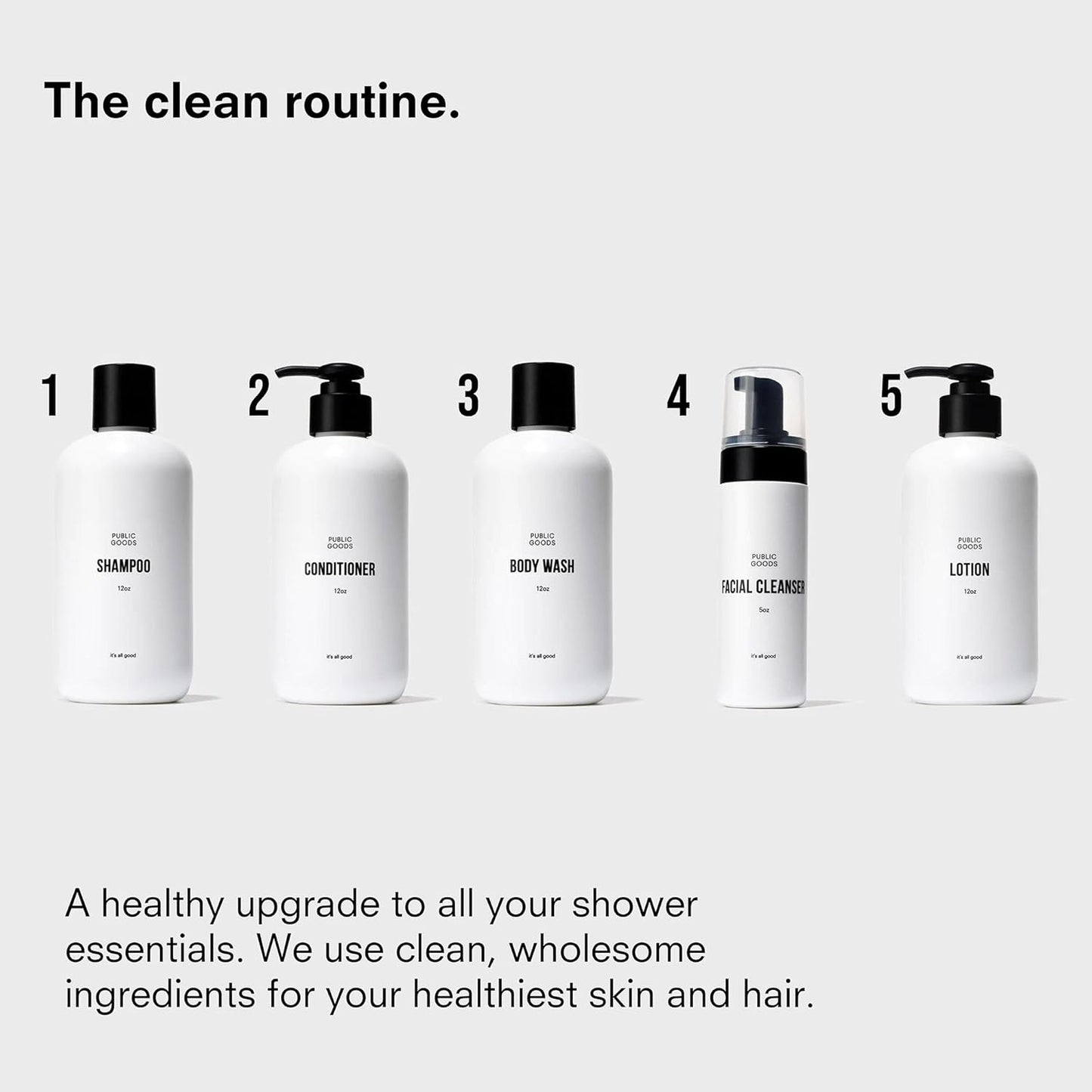 Public Goods Shower Essentials for Men and Women | Natural Shampoo, Conditioner & Body Wash | Made with Organic Essential Oils | Sulfate & Paraben Free | Vegan Friendly | 12 Fl Oz Bottles