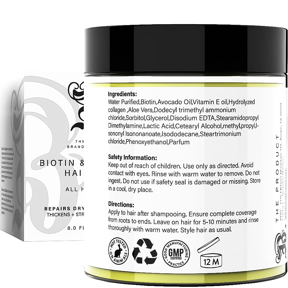 Biotin and Hydrolyzed Collagen Hair Mask for Dry & Damaged Hair with Aloe Vera, Avocado Oil, Vitamin E Oil (8oz)