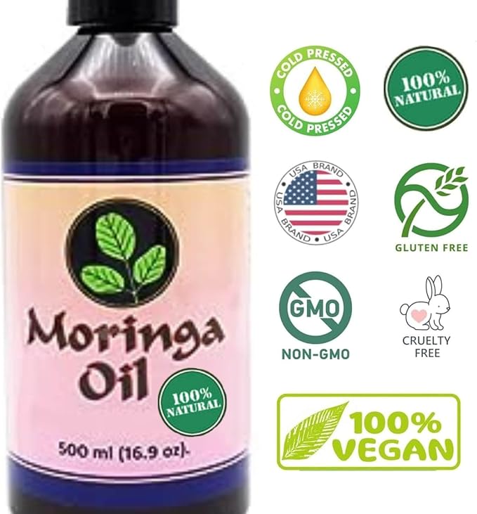 Moringa Oil 16.9 oz – Natural Face, Hair & Body Oil, 100% Pure, Cold-Pressed & Unrefined Moringa Seed Oil, Gluten-Free, Non-GMO, Vegan (500 ml)