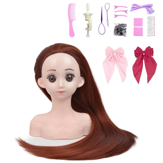 Small Doll Head For Hair Styling,Mini Synthetic Mannequin Head,Doll Head With Clamp Holder & Tools, Practice Doll Head For Hair Braiding,Styling and Cutting with Two Bows (Dark Brown)