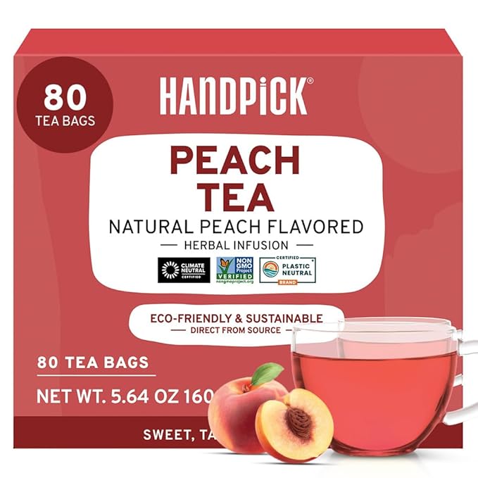 HANDPICK, Peach Tea Bags (80 Count) Non-GMO, Caffeine-Free - Peach, Hibiscus, Cinnamon, Cloves, Ginger | Floral & Refreshing Herbal Tea Bags, Brew Iced Tea or Hot Tea