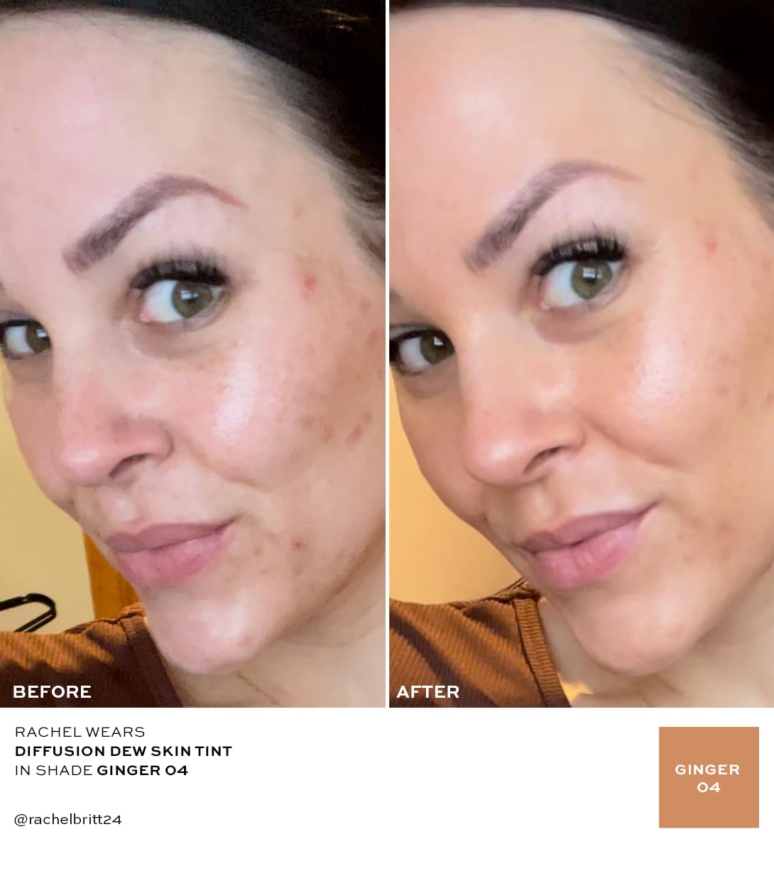 MAKE Beauty Diffusion Dew Skin Tint. Sheer to Medium Coverage Radiant Finish. Blurring, Smoothing, and Brightening for Glowing Complexion. Enhanced with Niacinamide and Adenosine. Ginger 04