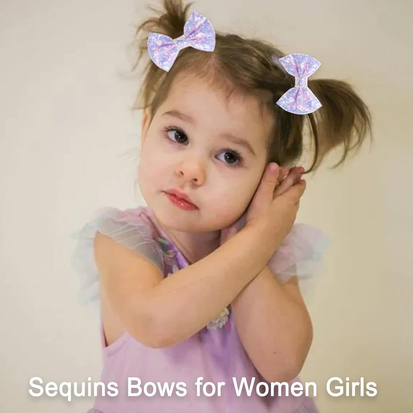 KISZU 4 Inch Sequin Glitter Hair Bows Clips, Sparkling Bling Little Bow HairPins Hair Accessories for Baby Girls Kids Children Teens and Women (Light Purple)