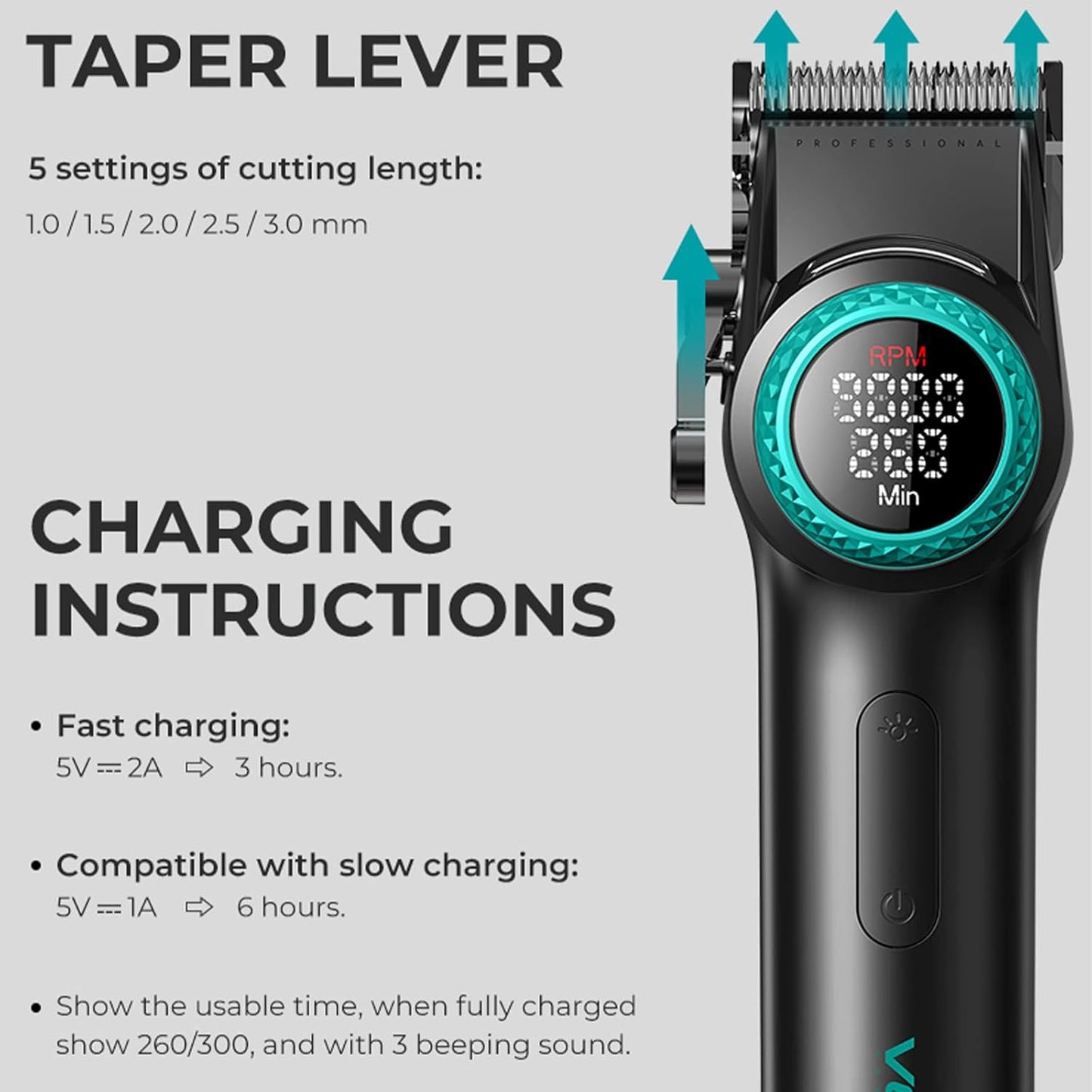 VGR 001 Professional Hair Clippers for Men, Cordless Barber Clippers for Hair Cutting, Carbon Steel Blade Hair Trimmers for Barbers, 9000RPM, LED Display, Black