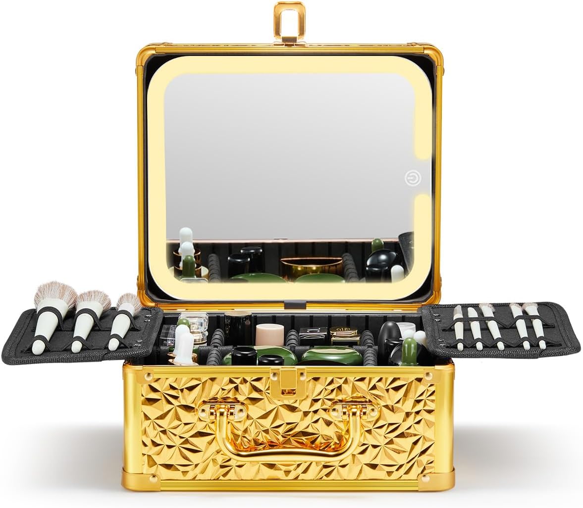 Qislee Makeup Box with A Detachable Lighted Mirror, Waterproof Travel Train Case, Cosmetic Organizer Bag and Makeup Suitcase with Adjustable Dividers, Magnetic LED Mirror (Bling Gold)