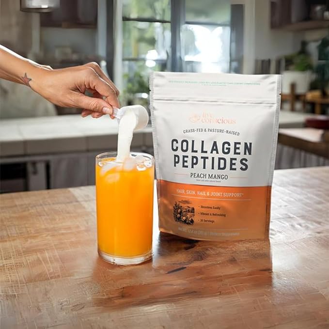 Live Conscious Collagen Peptides Powder - Peach Mango Flavored Collagen Powder - Hair, Skin, Nail, & Joint Support - Type I & III Grass-Fed Collagen Supplements for Women and Men (2-Pack)