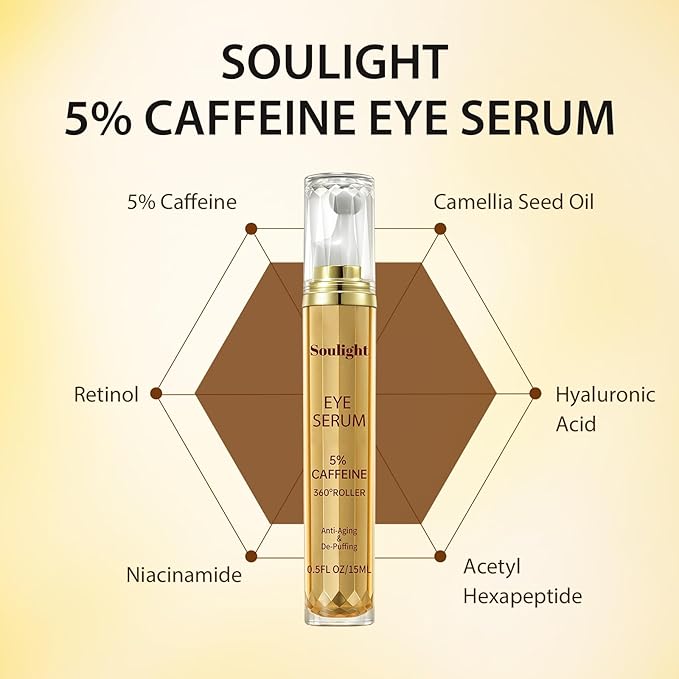 Soulight 5% Caffeine Eye Serum for Anti Aging | Reduce Dark Circles, Puffiness, Fine Lines & Wrinkles | Hyaluronic Acid & Niacinamide Moisturizer with 360° Massage Ball | Eye Balm for Men & Women
