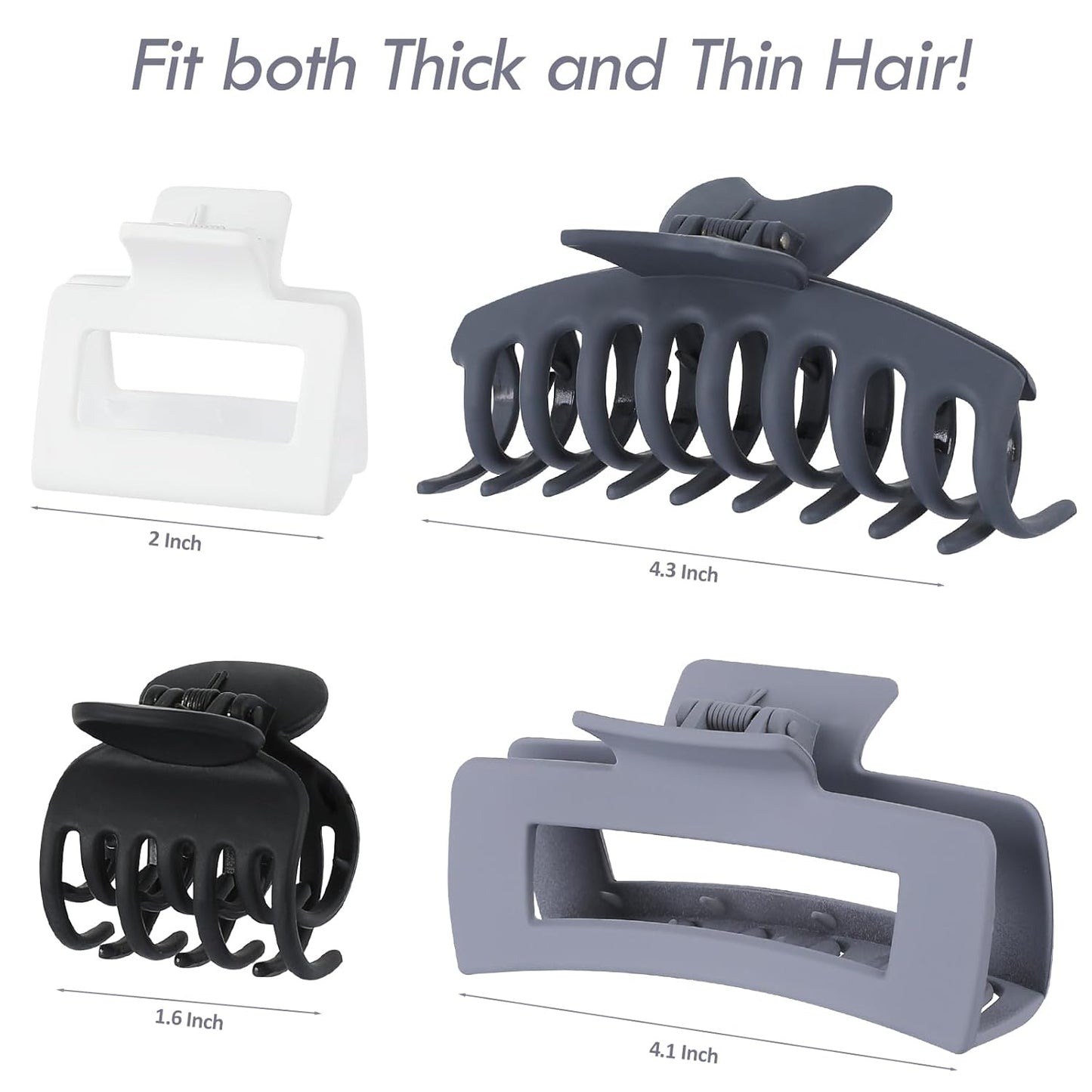 8 Pcs Large Claw Clips for Thick Hair, Medium Claw Clips, Small Clips for Thin Hair, Rectangle Square Butterfly Clips for Women - 4 Style Accessories (Grey)