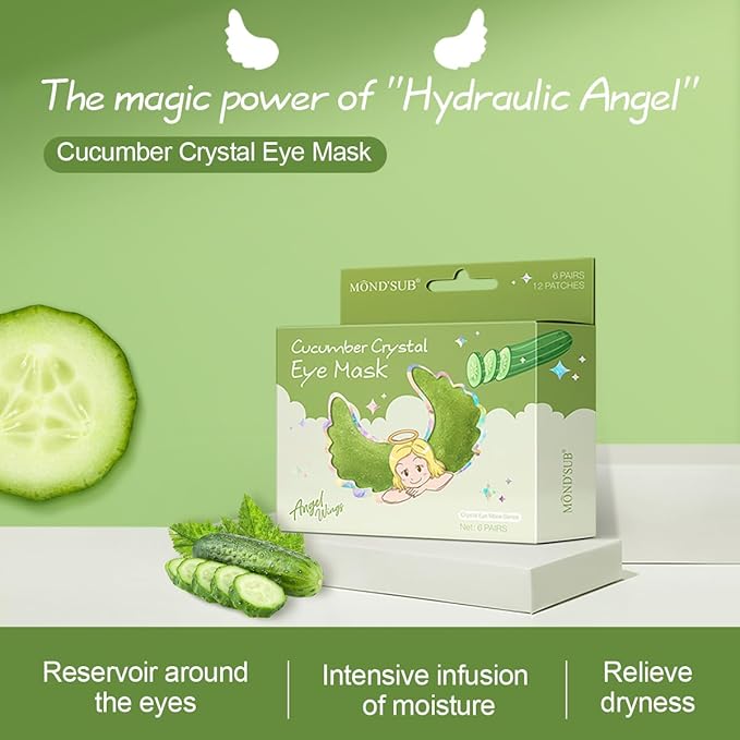 12Pcs Under Eye Patches for Dark Circle, Cucumber Moisturizing Hyaluronic Acid Eye Mask, Crystal Angle Wings Mask, Hrydrate & Moisture Gel Under Eye Treatment Skin Care Products (Cucumber)