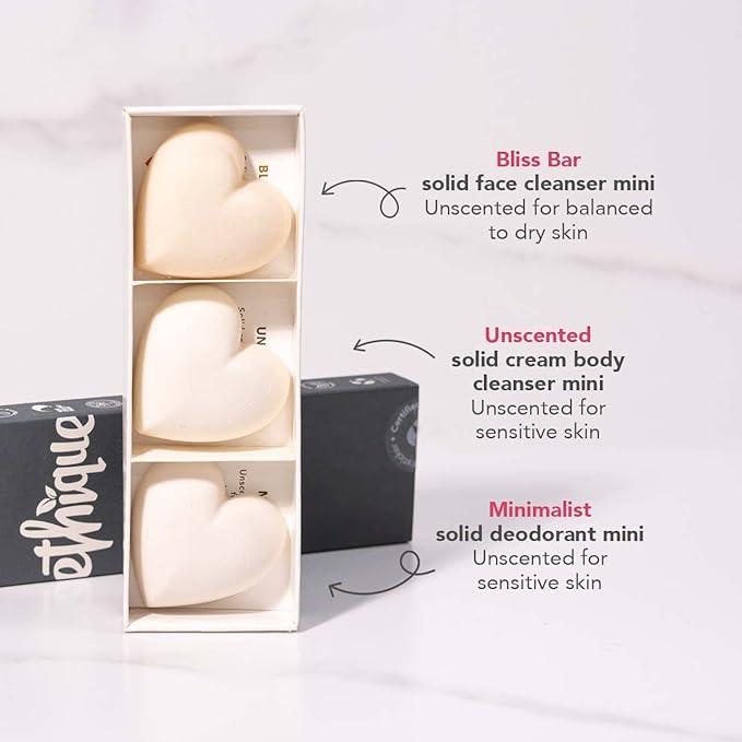 Ethique Unscented Gift Set- Face Cleanser, Body Cleanser & Deodorant, Gifts for women - Plastic-Free, Vegan, Cruelty-Free, Eco-Friendly, 3 Travel Bars, 1.59 oz (Pack of 1)