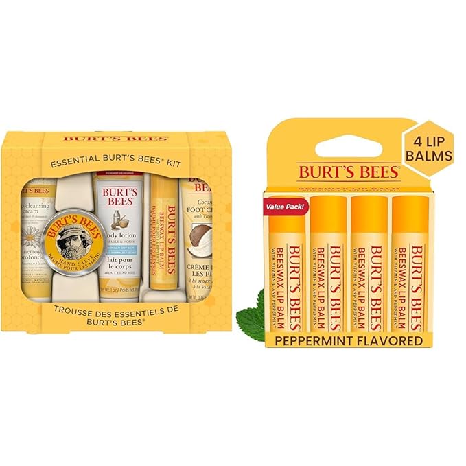 Burt's Bees Essential Everyday Beauty Gift Set, 5 Travel Size Products & 100% Natural Origin Moisturizing Lip Balm, Original Beeswax with Vitamin E & Peppermint Oil, 4 Tubes in Blister Box