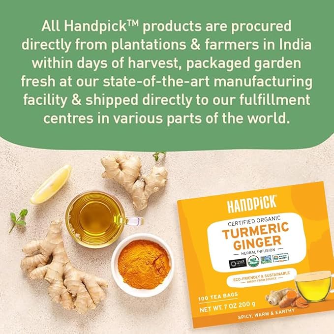 HANDPICK, Organic Turmeric Ginger Tea, 100 Eco-Conscious Tea Bags | Caffeine Free, Gluten Free, Non-GMO | 100% Pure Herbal Blend - Savory & Spicy