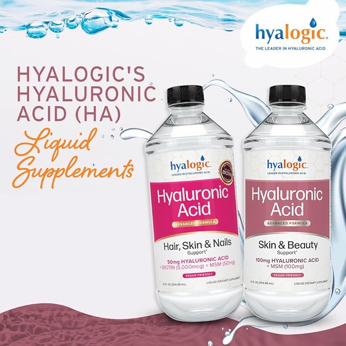 Hyalogic Liquid Hyaluronic Acid Supplement - Ingestible Skin Support with 100mg HA and 100mg MSM - Natural Hydration for The Face, Eyes and Lips - High Molecular Weight Formula - 12 oz