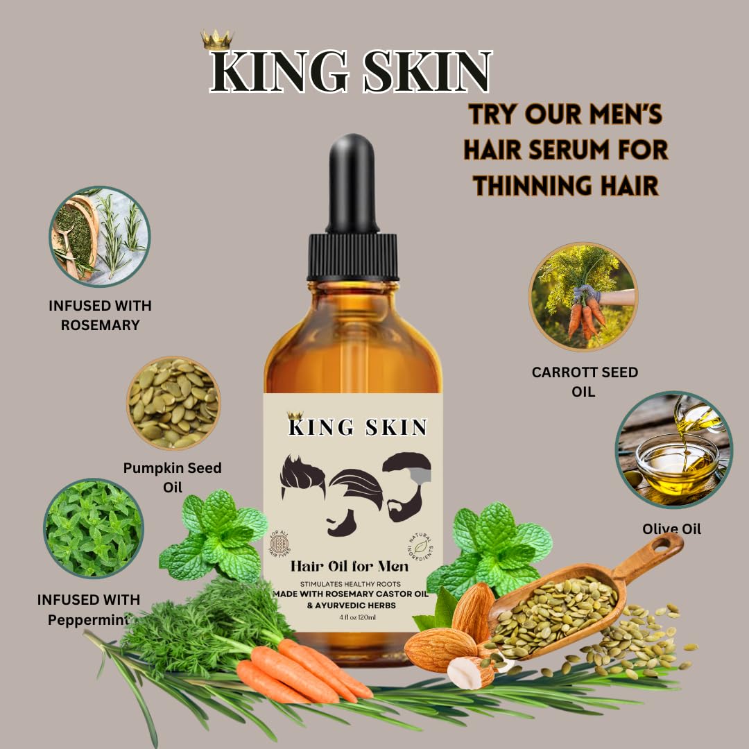 King Skin Hair Oil, Natural Strengthening Serum with Rosemary & Castor Oil, Hair Growth Treatment for Men, 4 fl oz
