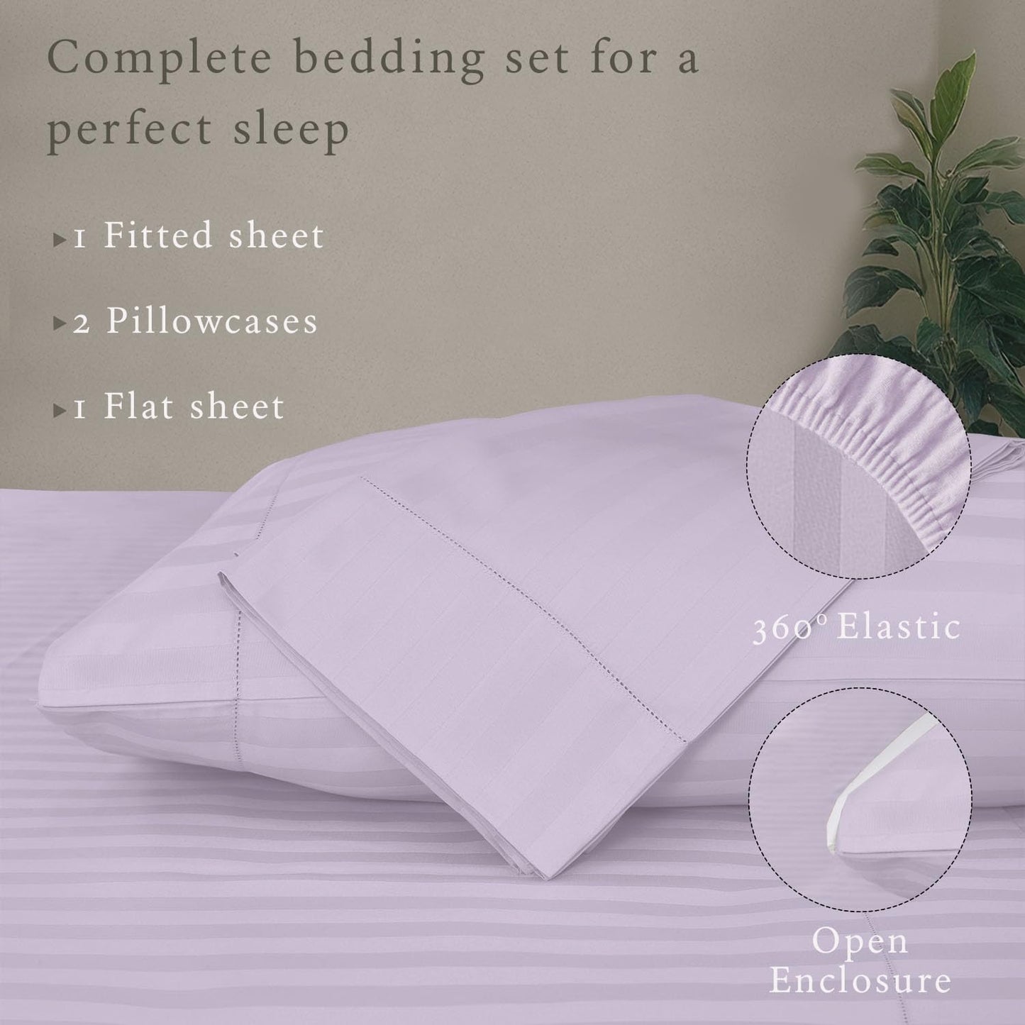 Threadmill 500 Thread Count King Size Damask Stripe, 4 Pc Luxury Cotton Bed Sheet Set, Silky Soft & Breathable Lilac Sheets with 16" Elasticized Deep Pocket, 2 Pillowcases & Free Tote Bag