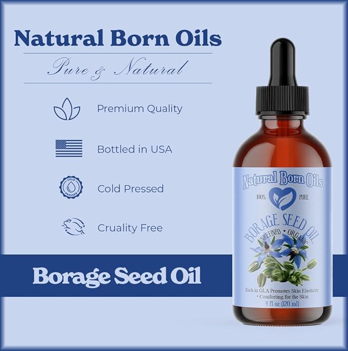 Natural Born Oils Borage Seed Oil, 8oz, Organic, Cold-Pressed, Carrier Oil, Omega-6 Rich, Skin Moisturizer, Hair Health Enhancer