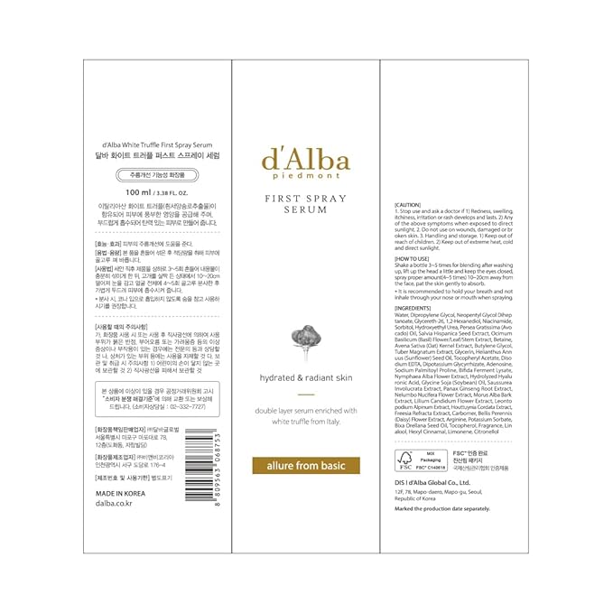 d'alba Piedmont Italian White Truffle First Spray Serum, Vegan Skin Care, Light-weight Face Moisturizer, Glow Serum for Radiant Skin, Non Comedogenic, All In One Mist, Korean Skin Care (3.38 fl oz.)