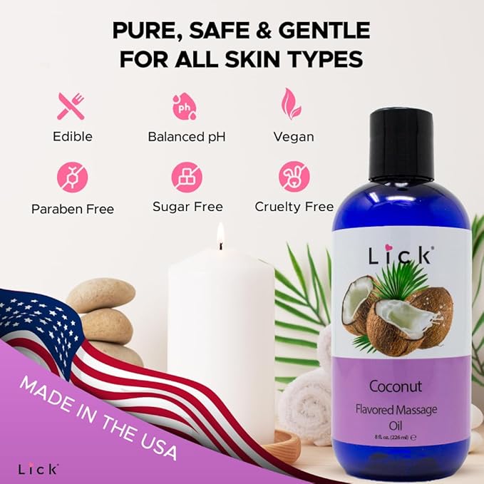 Lick Coconut Escape Massage Oil – Nourishing, Non-Sticky, Vegan, Perfect for Relaxation, 8 oz