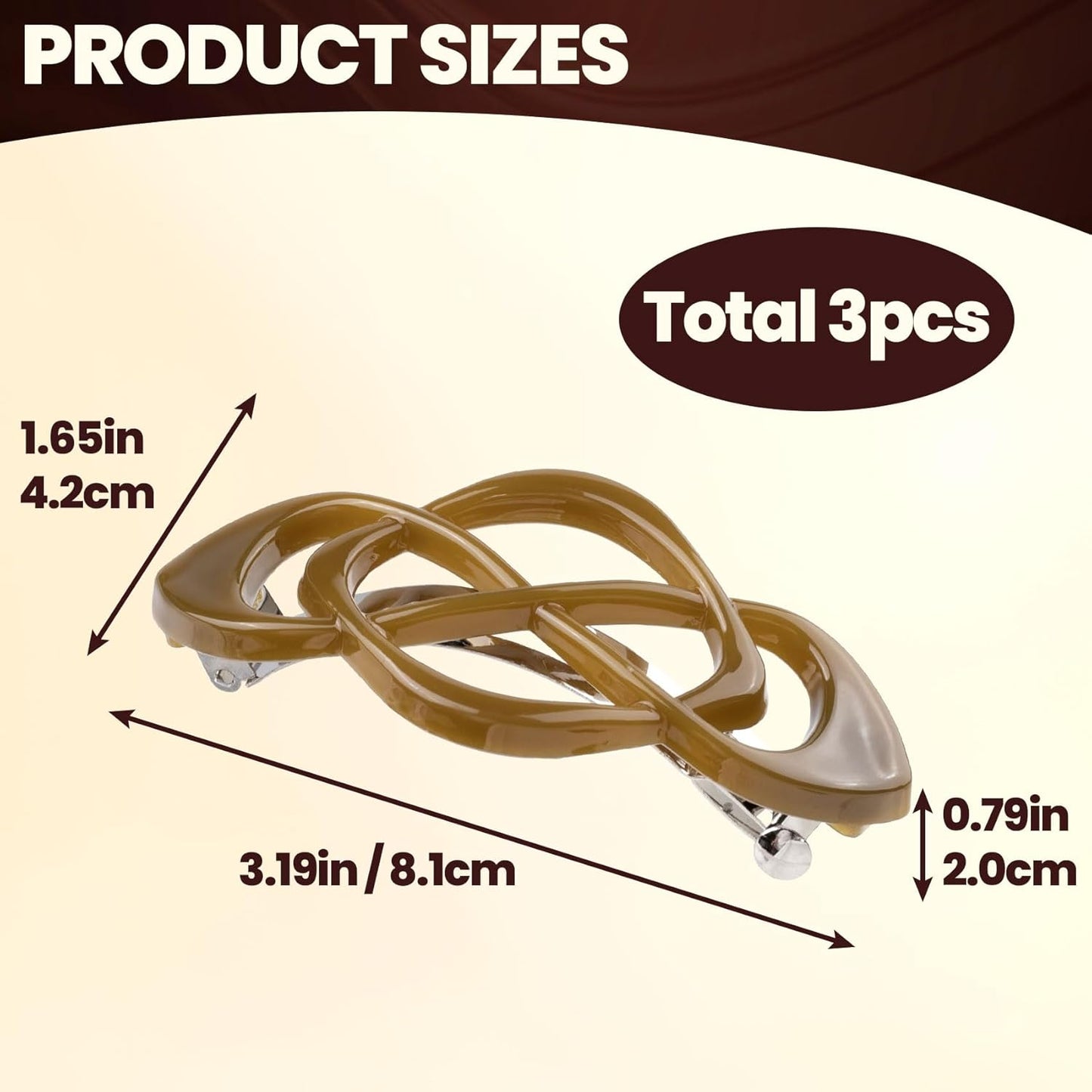 3 Pcs Vintage French Barrette Clips, Decorative Strong Hold Grip Barrette Hair Clip, No Slip Styling French Hair Accessories for Women (Coffee+Brown+Gray, Glossy)