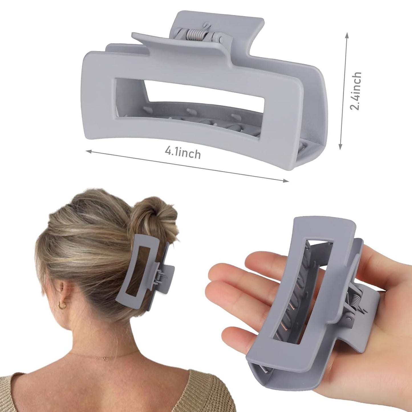 4.1 Inch Large Hair Clips 8 Pcs Square Claw Clips for Thick Hair Big Hair Claw Clips Acrylic Banana Jaw Clips Hair Accessories for Women and Girls -Grey Brown