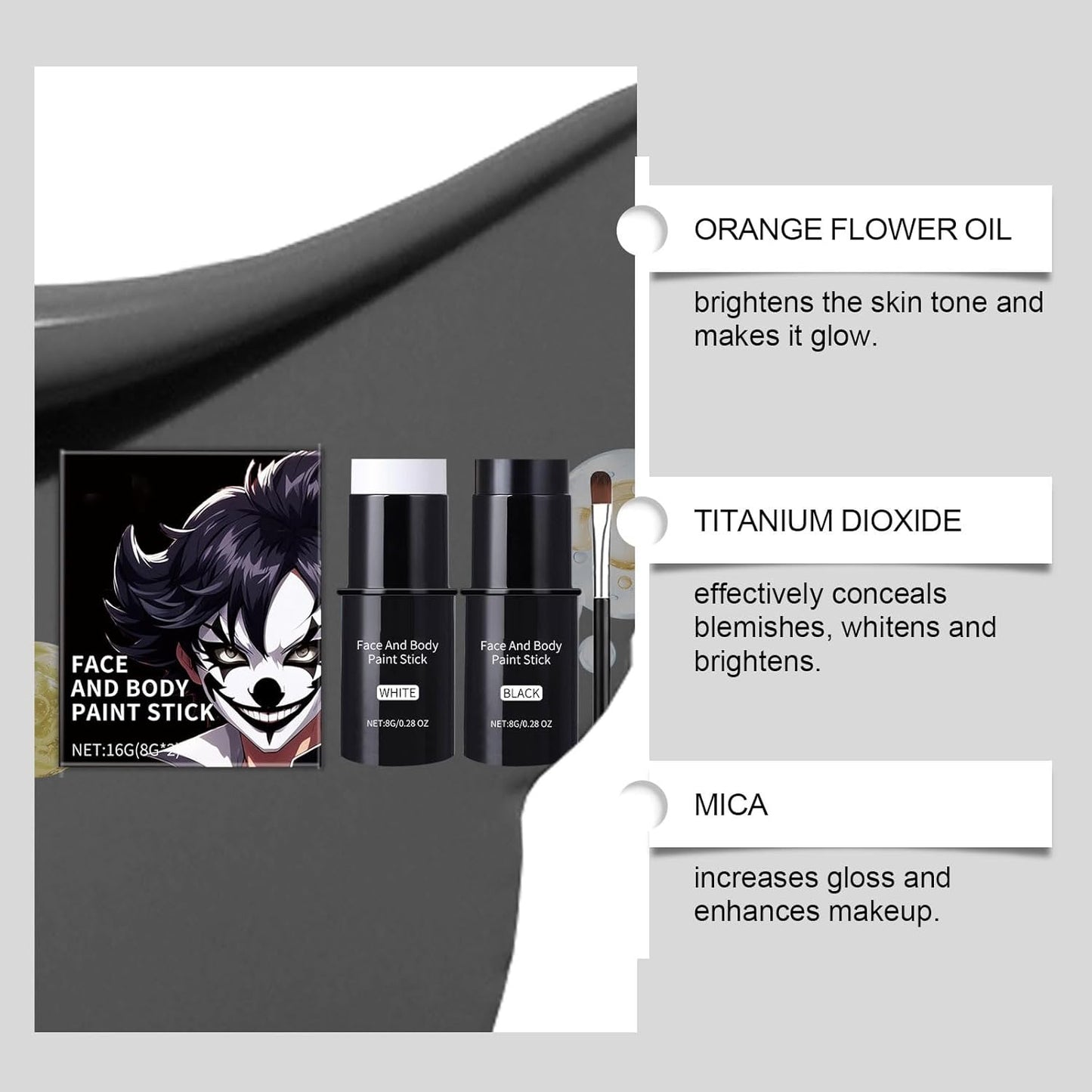 Halloween Face Body Paint For Adults, Black White Face Body Paint Stick Kit For Sfx Makeup Cosplay Joker, Skeleton Makeup